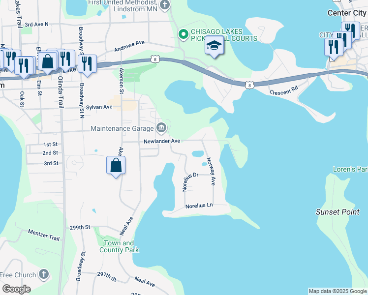 map of restaurants, bars, coffee shops, grocery stores, and more near 13585 Newlander Avenue in Lindstrom