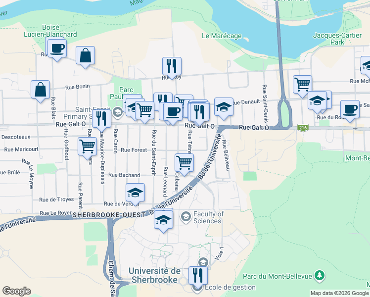 map of restaurants, bars, coffee shops, grocery stores, and more near 2191 Rue Forest in Sherbrooke