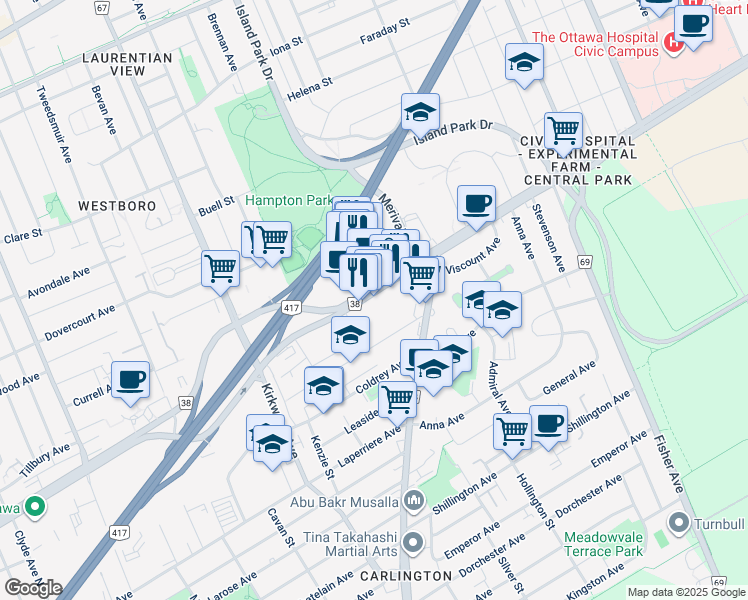 map of restaurants, bars, coffee shops, grocery stores, and more near 1316 Carling Avenue in Ottawa