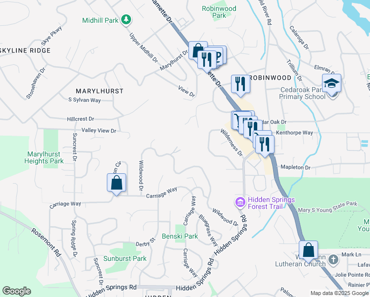 map of restaurants, bars, coffee shops, grocery stores, and more near 19700 Wildwood Drive in West Linn