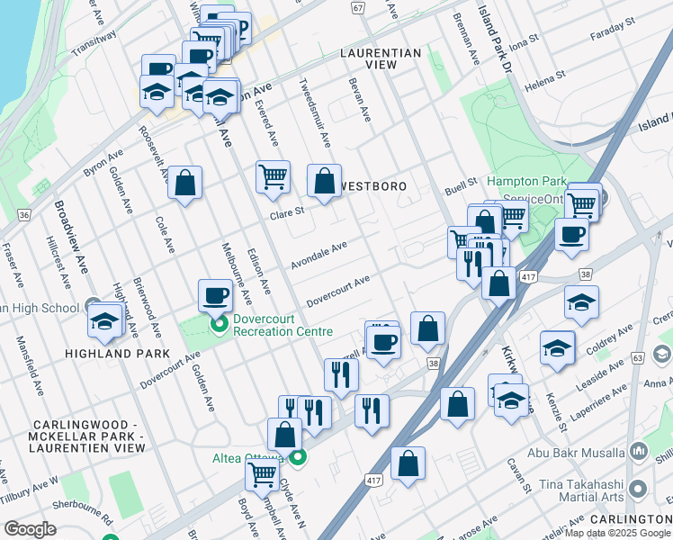 map of restaurants, bars, coffee shops, grocery stores, and more near 284 Duncairn Avenue in Ottawa