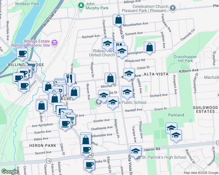 map of restaurants, bars, coffee shops, grocery stores, and more near 1396 Micmac Street in Ottawa