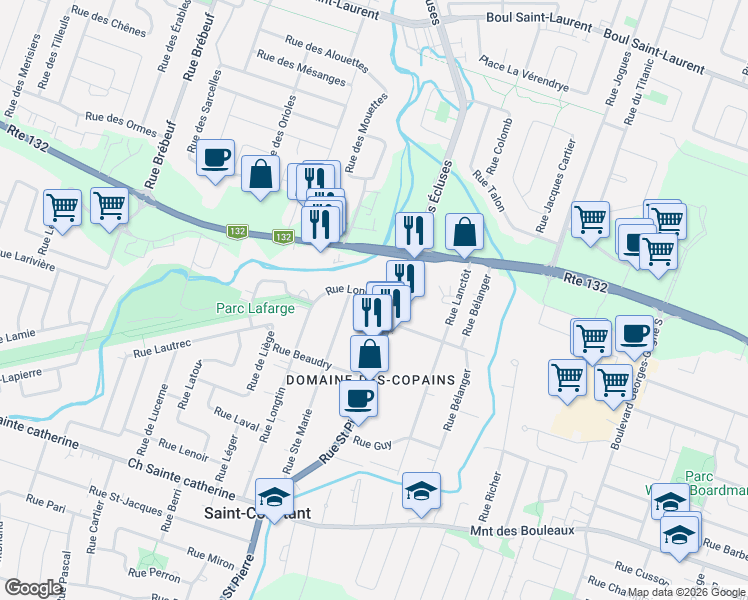map of restaurants, bars, coffee shops, grocery stores, and more near 4 Rue Longtin in Saint-Constant
