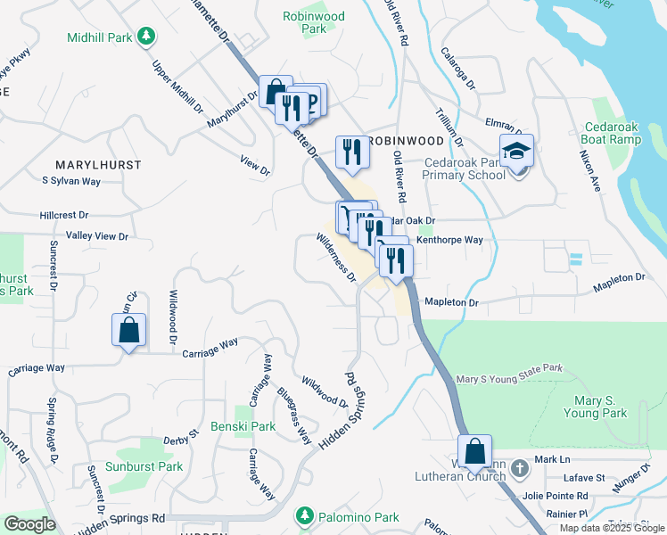 map of restaurants, bars, coffee shops, grocery stores, and more near 19481 Wilderness Dr in West Linn