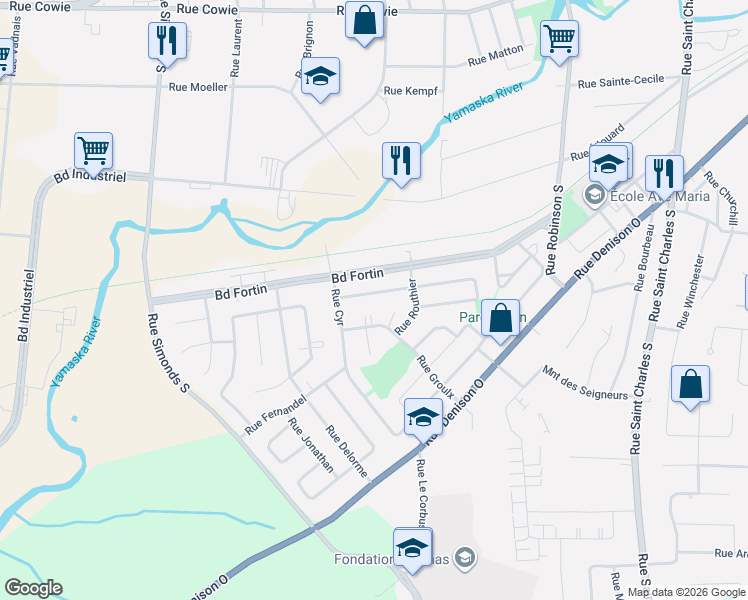 map of restaurants, bars, coffee shops, grocery stores, and more near 158 Bourgeois Street in Granby