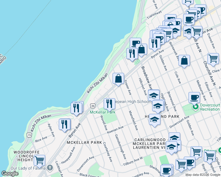 map of restaurants, bars, coffee shops, grocery stores, and more near 625 Richmond Road in Ottawa