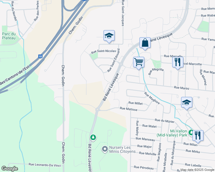 map of restaurants, bars, coffee shops, grocery stores, and more near 5577 Boulevard René-Lévesque in Sherbrooke