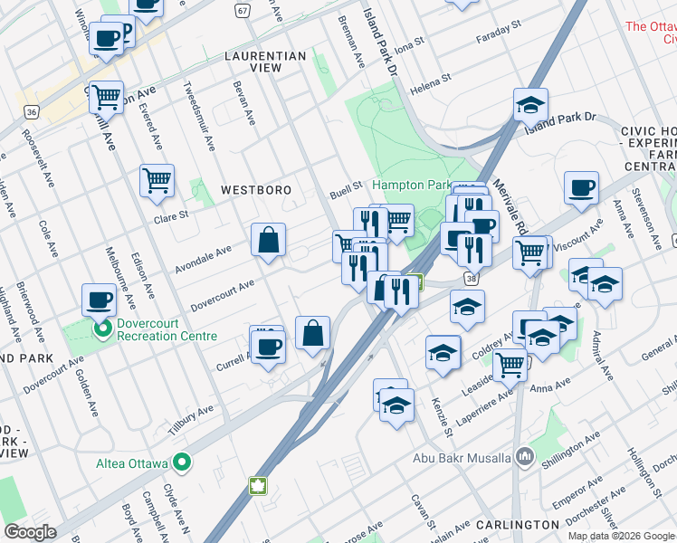 map of restaurants, bars, coffee shops, grocery stores, and more near in Ottawa