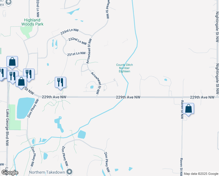 map of restaurants, bars, coffee shops, grocery stores, and more near 2664 230th Court Northwest in Saint Francis