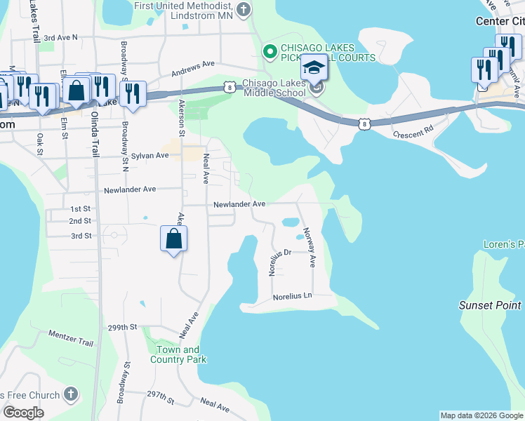 map of restaurants, bars, coffee shops, grocery stores, and more near 30238 Terryll Street in Lindstrom