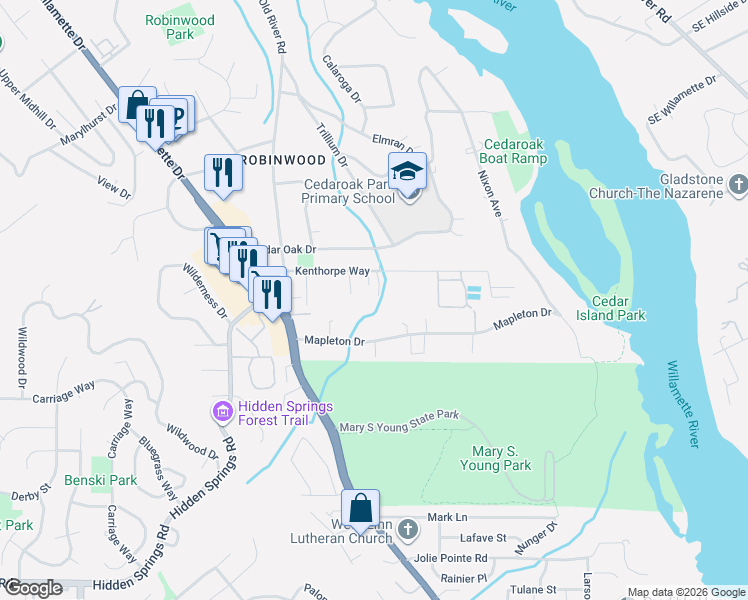 map of restaurants, bars, coffee shops, grocery stores, and more near 3900 Kenthorpe Way in West Linn