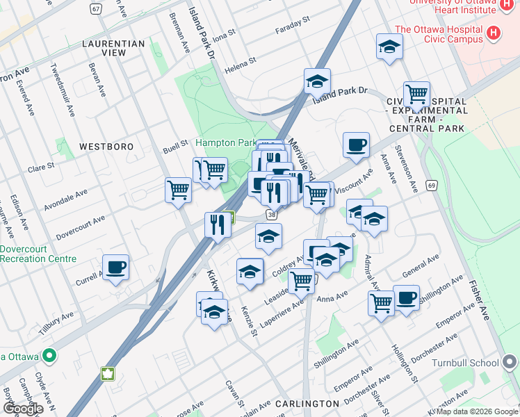 map of restaurants, bars, coffee shops, grocery stores, and more near 1335 Carling Avenue in Ottawa