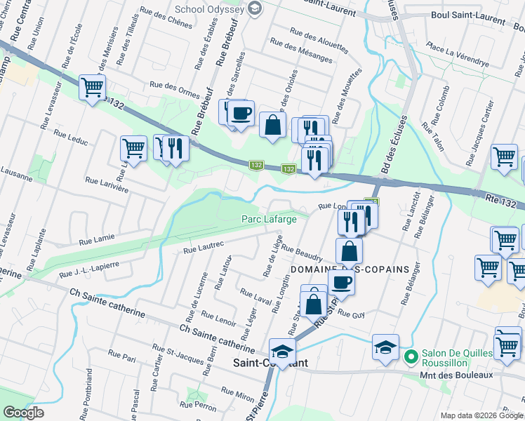 map of restaurants, bars, coffee shops, grocery stores, and more near 59 Rue Leriger in Saint-Constant