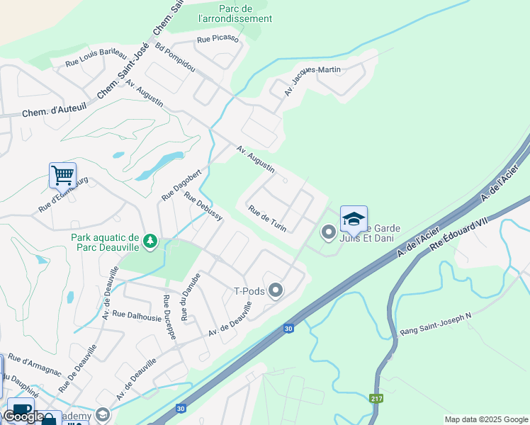 map of restaurants, bars, coffee shops, grocery stores, and more near Rue de Turin in La Prairie