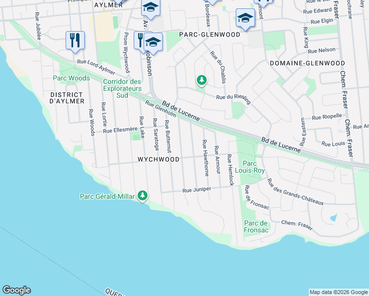 map of restaurants, bars, coffee shops, grocery stores, and more near 40 Rue Oakwood in Gatineau