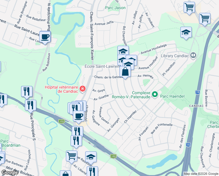 map of restaurants, bars, coffee shops, grocery stores, and more near 14 Avenue de Genève in Candiac