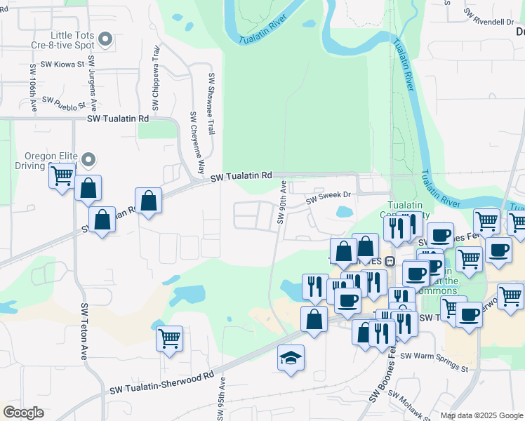 map of restaurants, bars, coffee shops, grocery stores, and more near 18608 Southwest 92nd Terrace in Tualatin