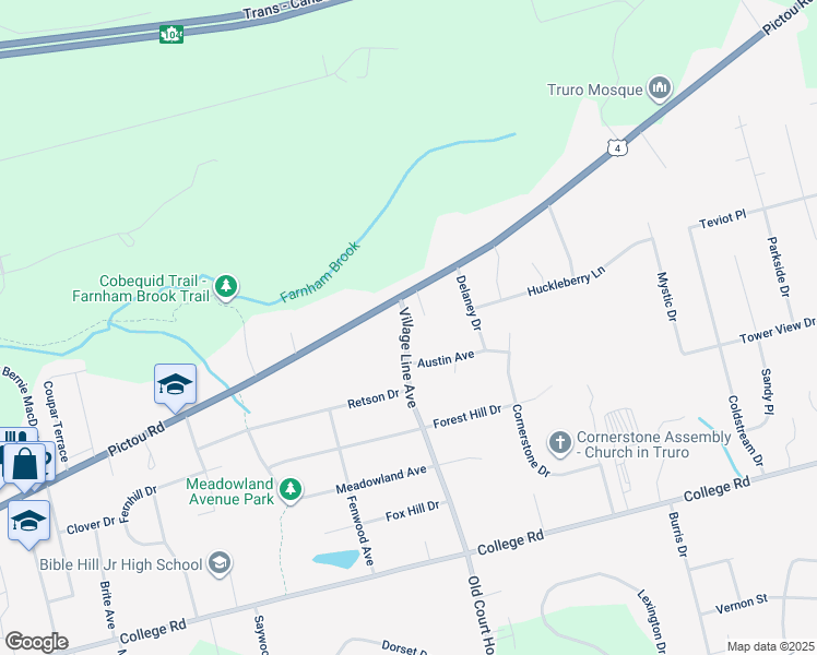 map of restaurants, bars, coffee shops, grocery stores, and more near Village Line Avenue in Truro