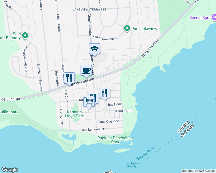 map of restaurants, bars, coffee shops, grocery stores, and more near 4 Rue Tavernier in Gatineau
