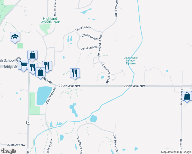 map of restaurants, bars, coffee shops, grocery stores, and more near 2747 230th Court Northwest in Saint Francis