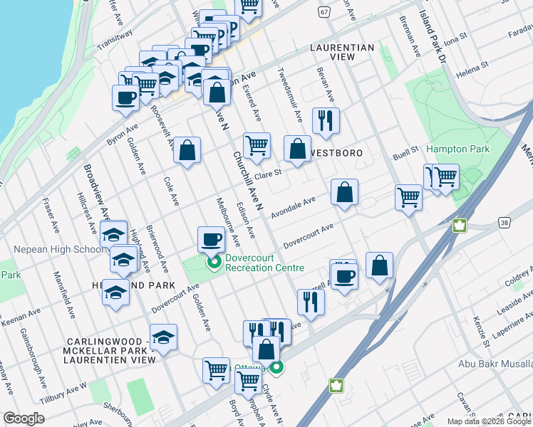 map of restaurants, bars, coffee shops, grocery stores, and more near 591 Churchill Avenue North in Ottawa