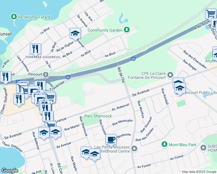 map of restaurants, bars, coffee shops, grocery stores, and more near 2100 Boulevard du Traversier in Pincourt