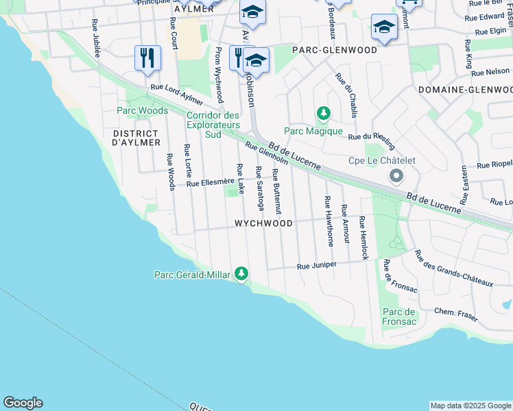 map of restaurants, bars, coffee shops, grocery stores, and more near 41 Rue Saratoga in Gatineau