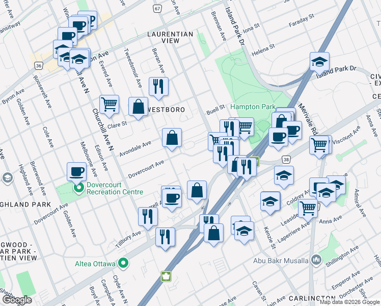 map of restaurants, bars, coffee shops, grocery stores, and more near 217 Dovercourt Avenue in Ottawa