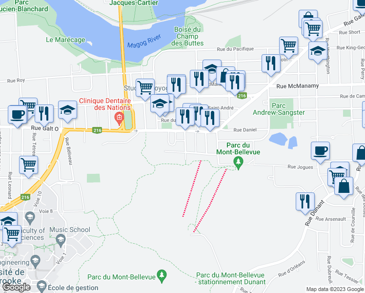 map of restaurants, bars, coffee shops, grocery stores, and more near 1367 Rue Saint-Gilles in Sherbrooke