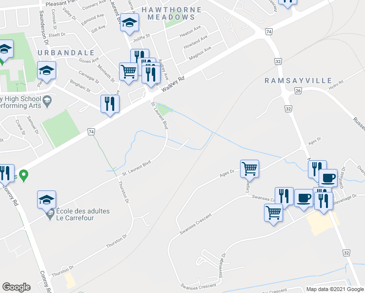 map of restaurants, bars, coffee shops, grocery stores, and more near 2285 Saint Laurent Boulevard in Ottawa
