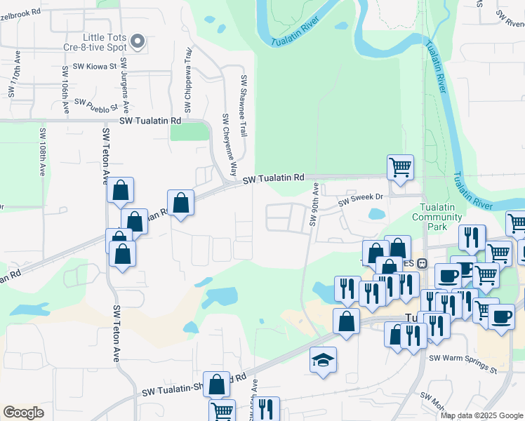 map of restaurants, bars, coffee shops, grocery stores, and more near 9528 Southwest Tualatin Road in Tualatin