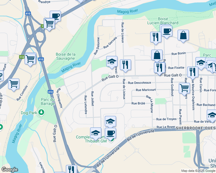 map of restaurants, bars, coffee shops, grocery stores, and more near 2950 Rue Descoteaux in Sherbrooke