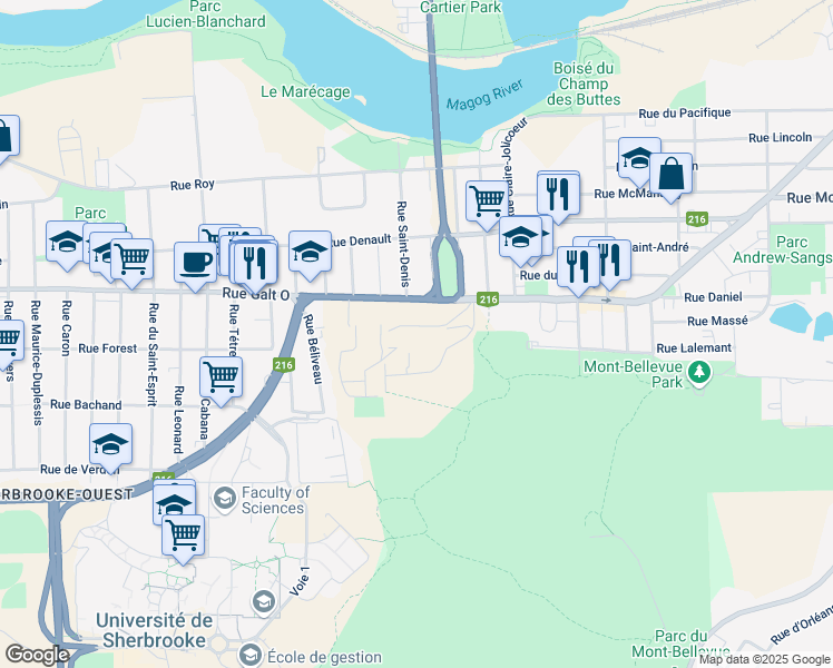 map of restaurants, bars, coffee shops, grocery stores, and more near 1820 Rue Galt Ouest in Sherbrooke