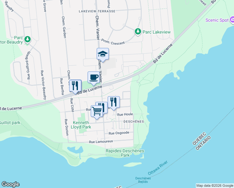 map of restaurants, bars, coffee shops, grocery stores, and more near 4 Rue Tavernier in Gatineau