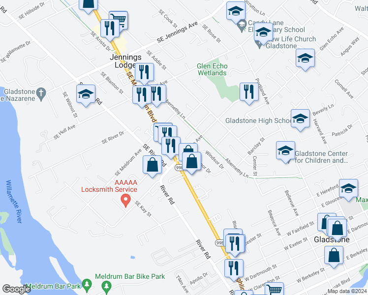 map of restaurants, bars, coffee shops, grocery stores, and more near 5405 Glen Echo Avenue in Gladstone