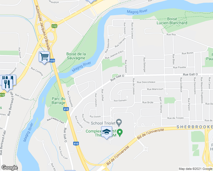 map of restaurants, bars, coffee shops, grocery stores, and more near 3090 Rue Galt Ouest in Sherbrooke
