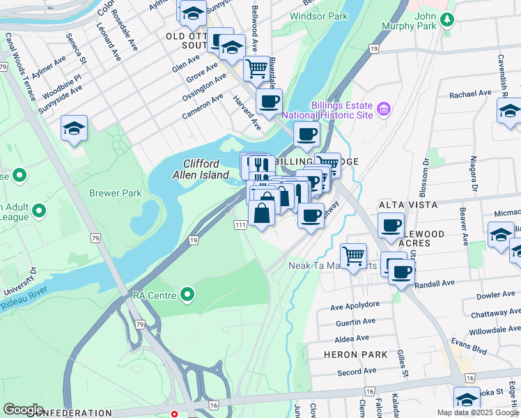 map of restaurants, bars, coffee shops, grocery stores, and more near 2277 Riverside Drive in Ottawa