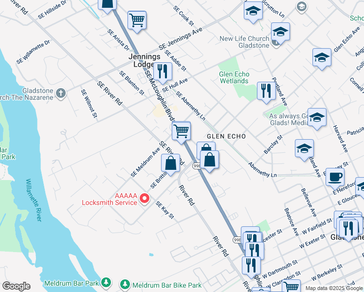 map of restaurants, bars, coffee shops, grocery stores, and more near in Jennings Lodge