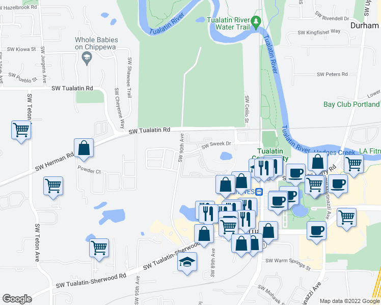 map of restaurants, bars, coffee shops, grocery stores, and more near 8901 Southwest Sweek Drive in Tualatin
