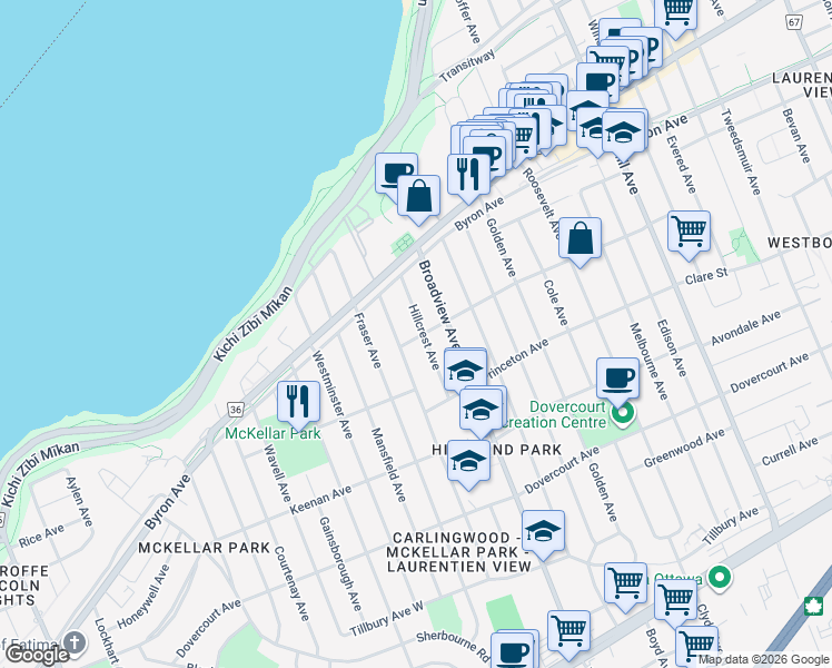 map of restaurants, bars, coffee shops, grocery stores, and more near 490 Hillcrest Avenue in Ottawa