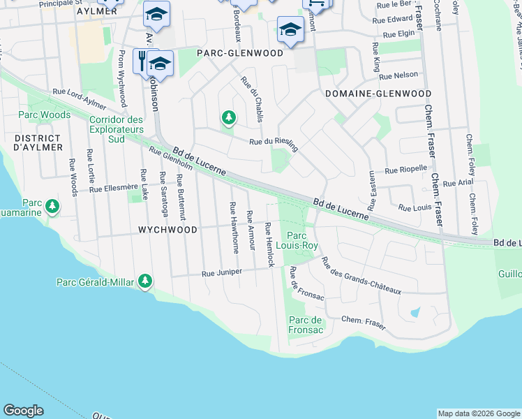 map of restaurants, bars, coffee shops, grocery stores, and more near 59 Rue Hemlock in Gatineau