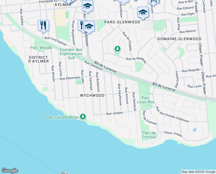 map of restaurants, bars, coffee shops, grocery stores, and more near 42 Rue Oakwood in Gatineau
