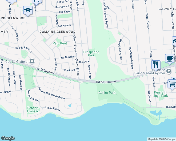 map of restaurants, bars, coffee shops, grocery stores, and more near 162 Chemin Foley in Gatineau