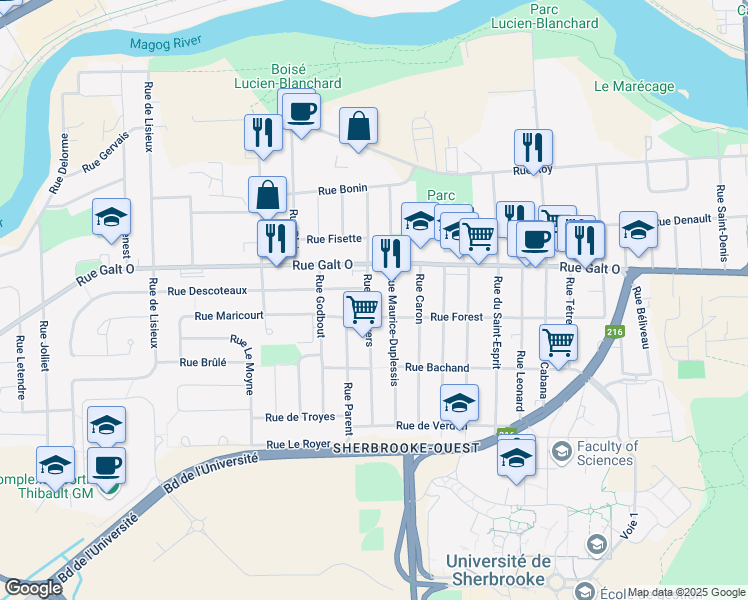 map of restaurants, bars, coffee shops, grocery stores, and more near 1370 Rue Desnoyers in Sherbrooke