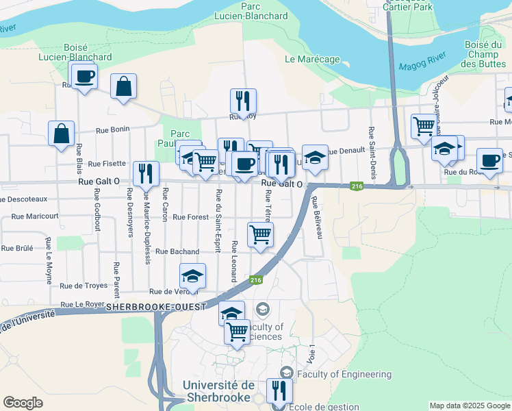 map of restaurants, bars, coffee shops, grocery stores, and more near 1362 Rue Cabana in Sherbrooke