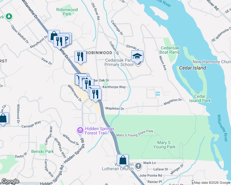 map of restaurants, bars, coffee shops, grocery stores, and more near 3820 Kenthorpe Way in West Linn