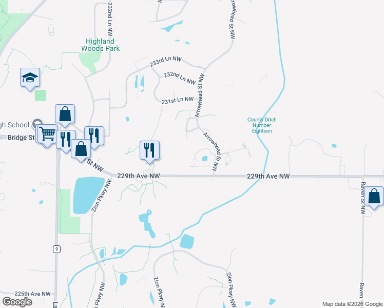 map of restaurants, bars, coffee shops, grocery stores, and more near 2747 230th Court Northwest in Saint Francis