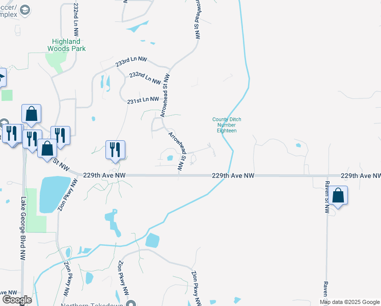 map of restaurants, bars, coffee shops, grocery stores, and more near 2664 230th Court Northwest in Saint Francis