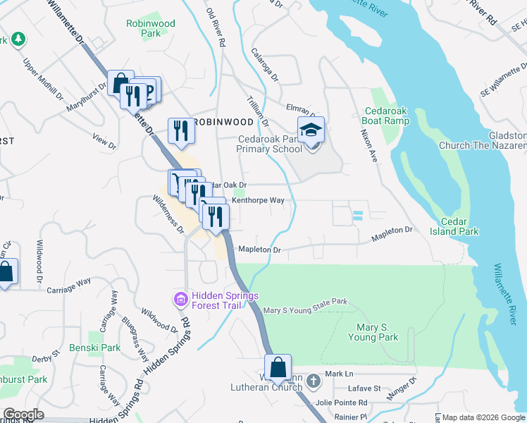 map of restaurants, bars, coffee shops, grocery stores, and more near 3820 Kenthorpe Way in West Linn