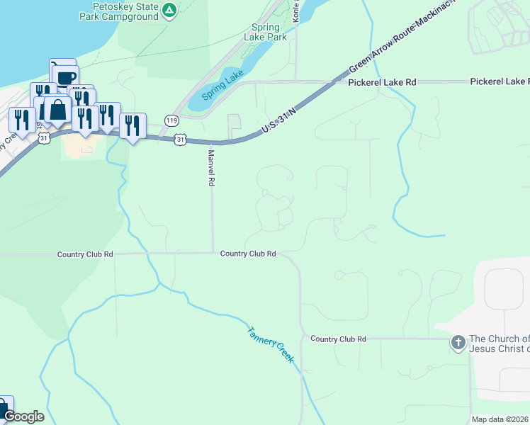 map of restaurants, bars, coffee shops, grocery stores, and more near 1050 Grand Ridge in Petoskey